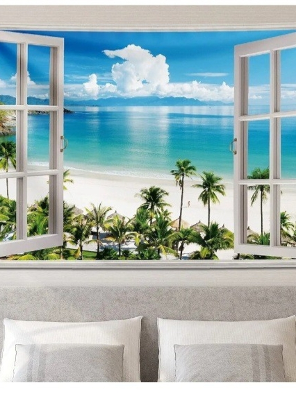 Tropical Beach Window Mural Wall Decor - Blue & Green